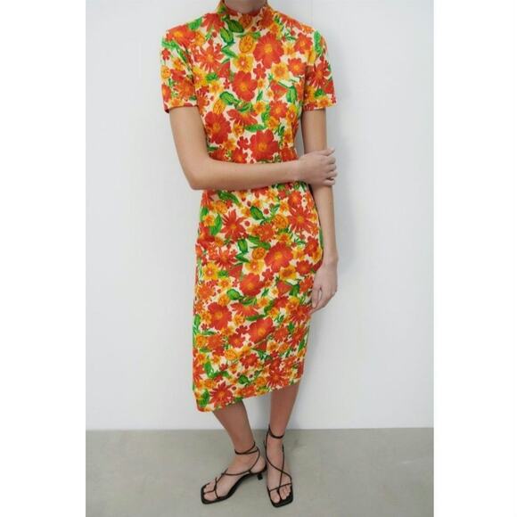 ZARA Floral Short Sleeve Mock Neck Jacquard Straight Sheath Midi Dress Size S - Picture 7 of 16